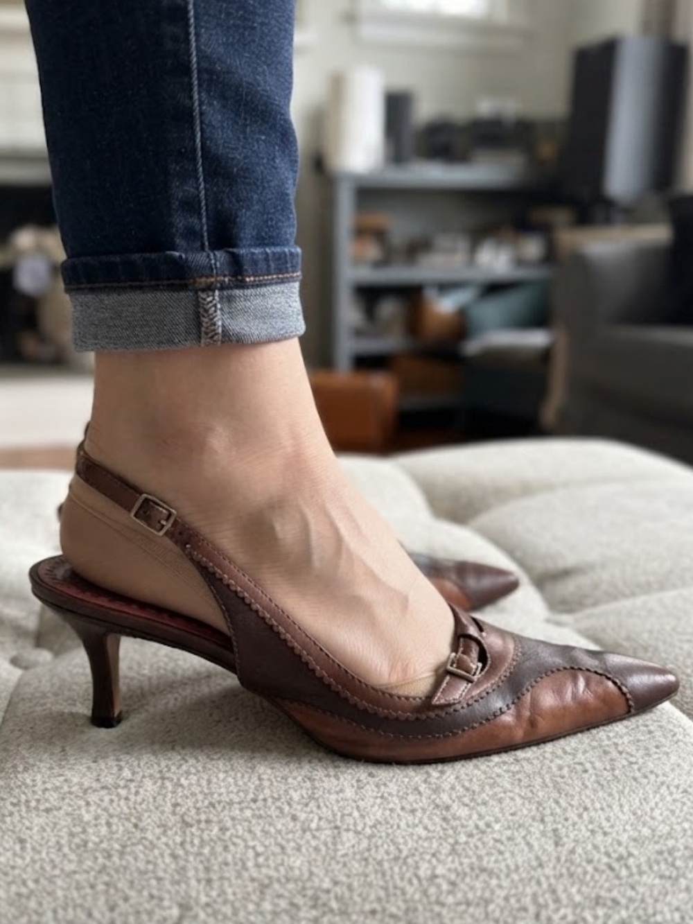 Nine West Vintage Leather Slingback Pumps Y2K Two-Tone Pointed Toe